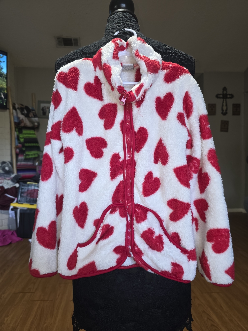 Girls Plush Heart Zip Jacket - White & Red